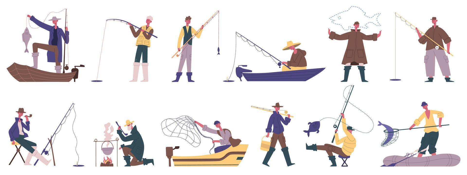 Fisherman characters. Fishing summer outdoor activities, spinning or fishnet fish catching hobby recreation illustration set. Male fishermen leisure vector