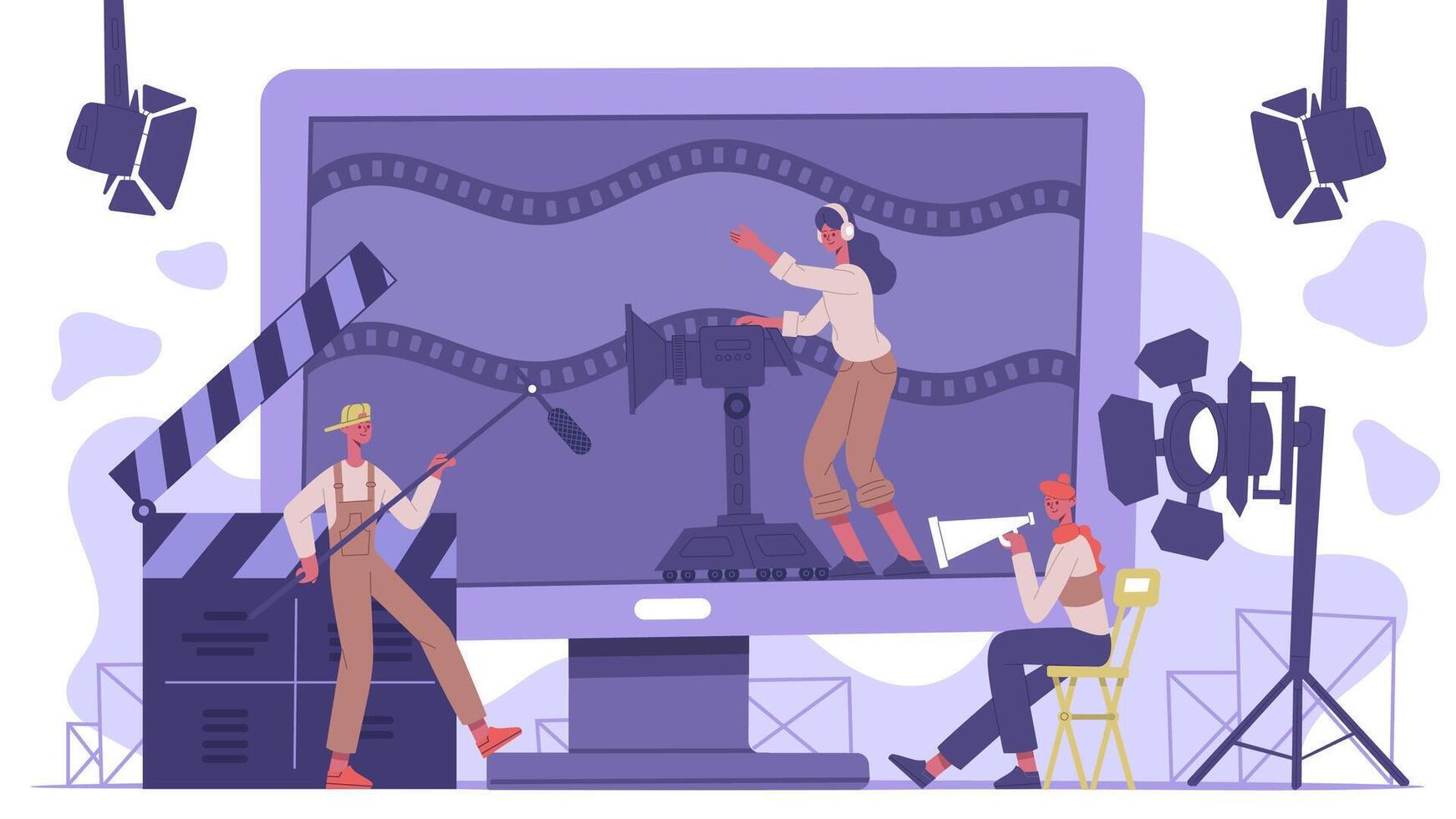 Movie industry concept. Cinematography cinema production, film shooting team isolated background illustration. Filmmaking concept scene vector