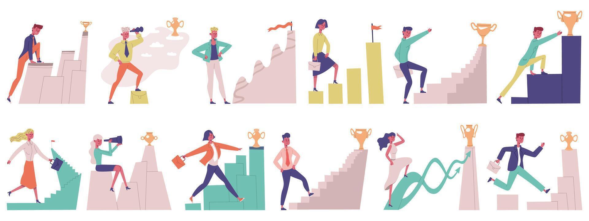 Business people goal movement. Goal achieve male and female successful professional characters illustration set. Career goal achievements vector