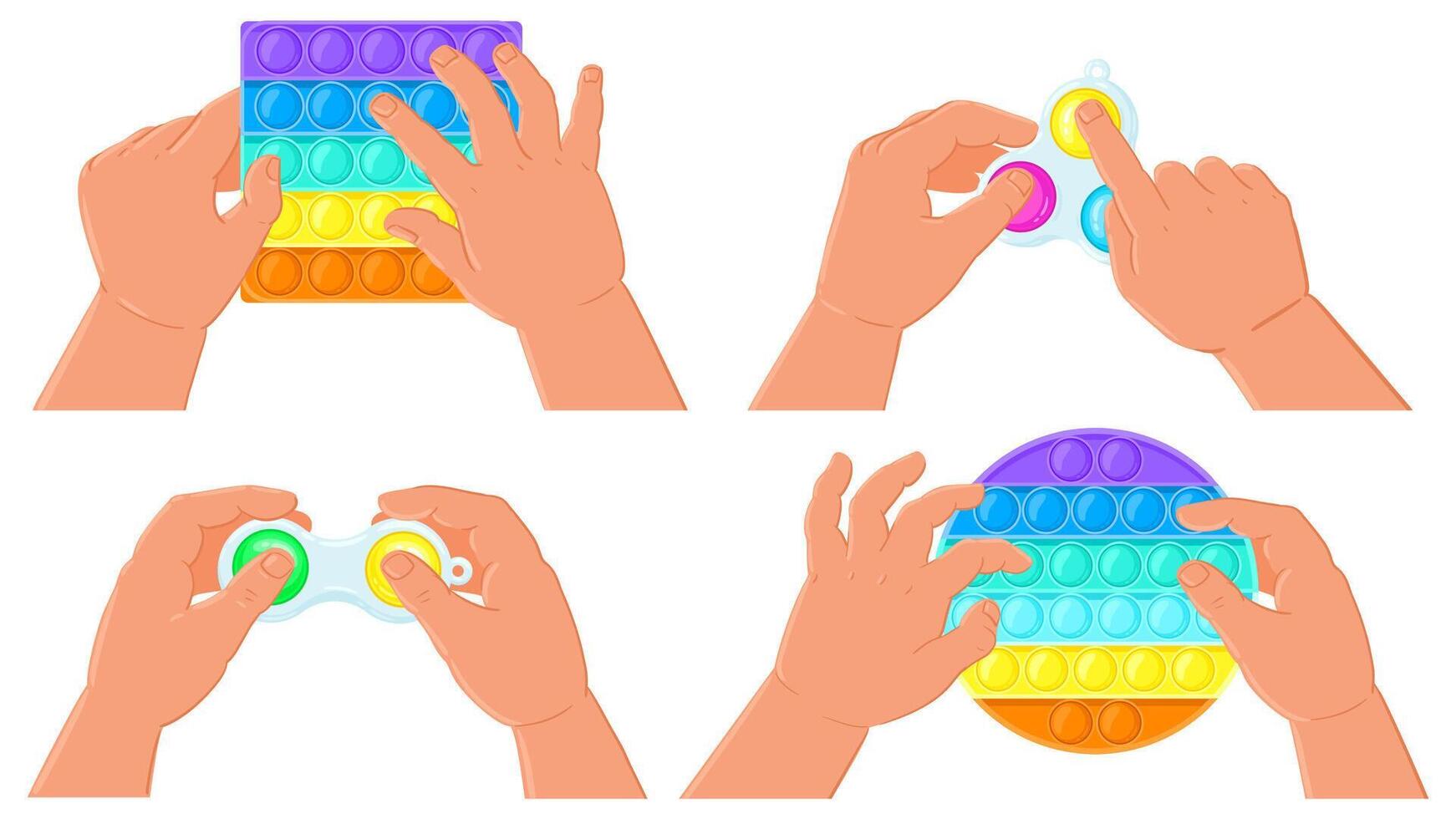 Fidget simple dimple and pop it toys. Kids hands hold silicone bubbles sensory toys illustration set. Antistress pop it and simple dimple toys vector