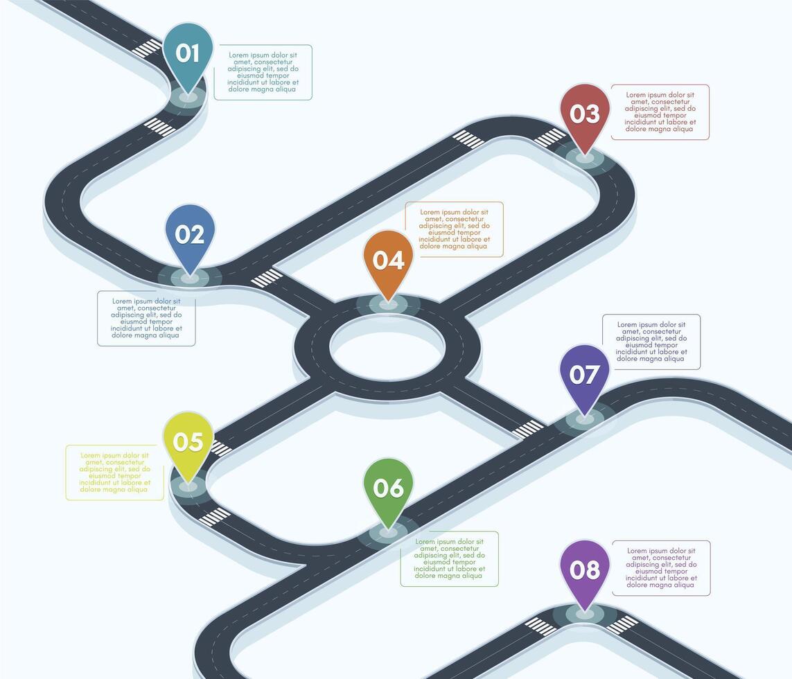 Isometric roadmap. City street road map infographic, 3d road timeline concept background illustration. Highway road navigation map vector