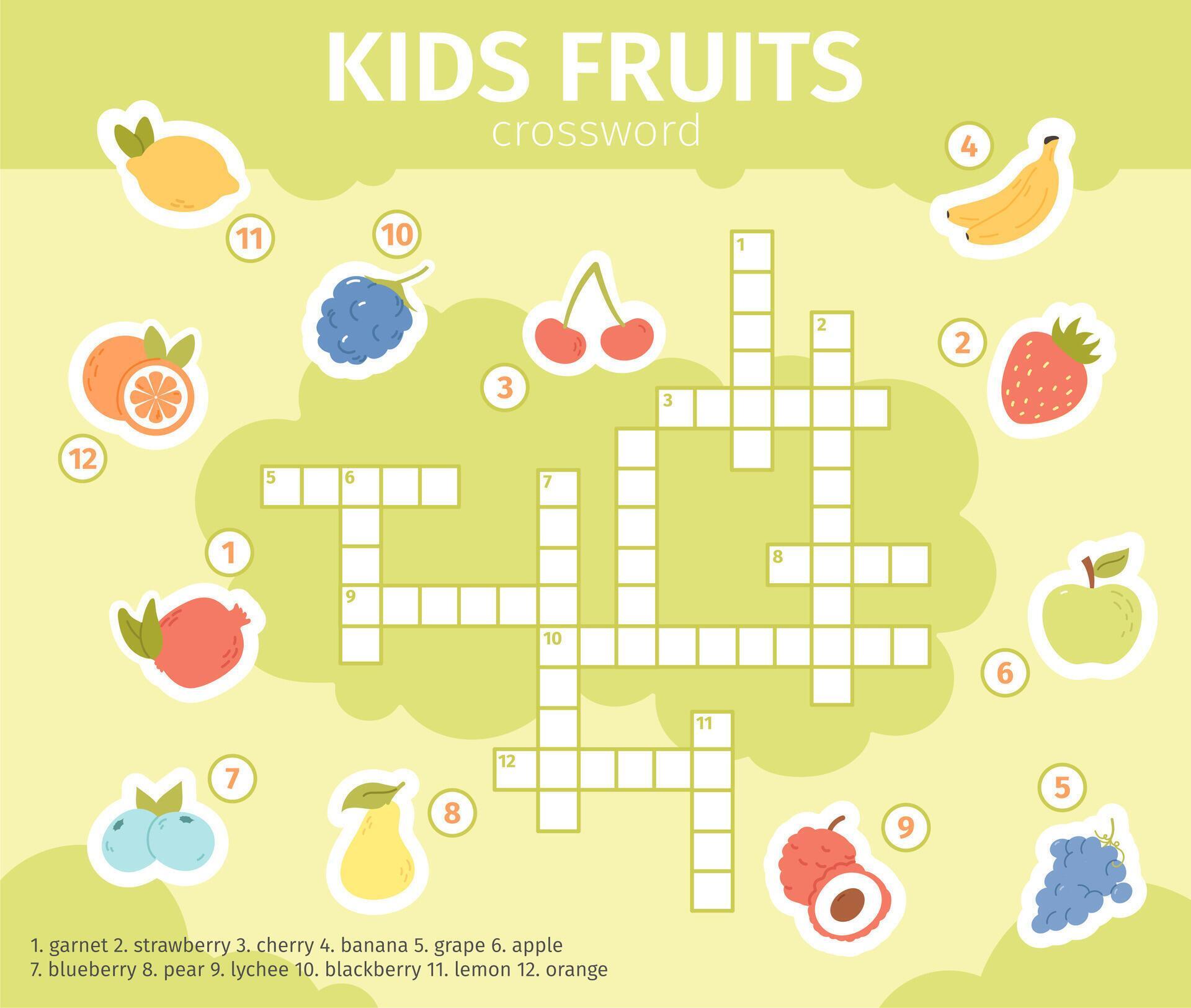 Summer fruits crossword Educational crossword kids game with lemon Summer fruits crossword Educational crossword kids game with lemon
