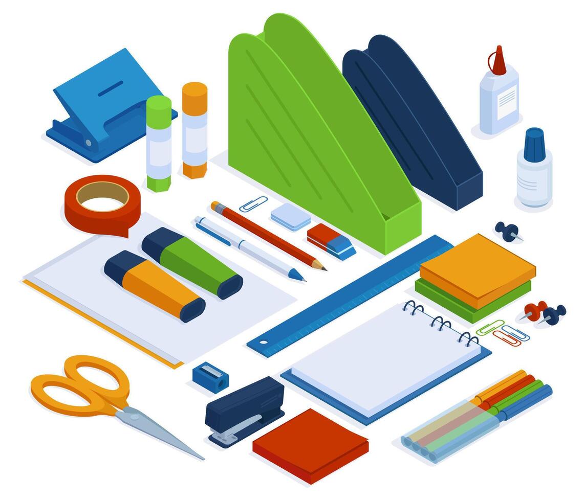 Office supplies. Isometric stationery tools, stapler, ruler, scissors and duct tape, 3d school or office stationery illustration set. Isometric office tools vector
