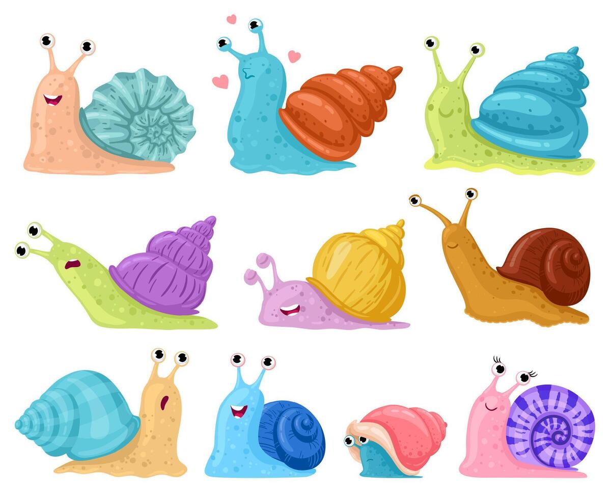 Cartoon snail. Garden snails mascots, cute little gastropods in colourful snail shells cartoon illustration set. Cute mollusk characters vector