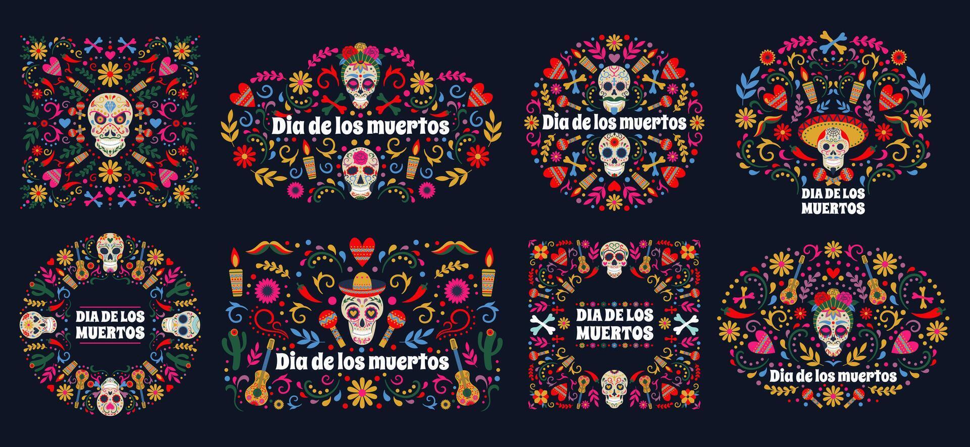 Dia de Los muertos banners. Day of the dead mexican sugar human head bones and flowers background set. Mexican dead day holiday cards vector