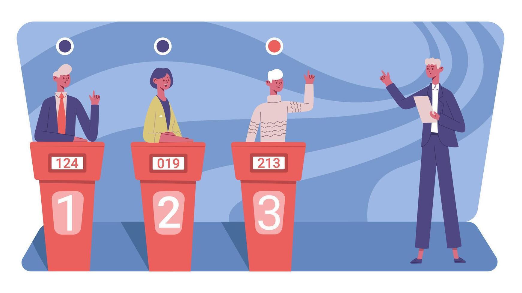 Television quiz show. Competitive quiz puzzle game show with TV presenter and tree players illustration. Entertainment TV quiz show vector