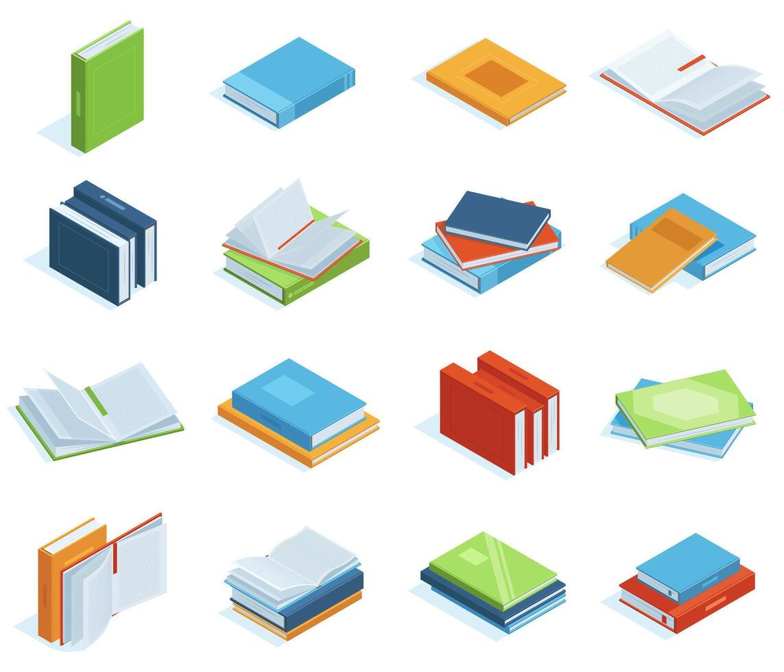 Isometric books. Bookstore or library books, education brochure, encyclopedia, textbooks or classic literature illustration set. School isometric books vector