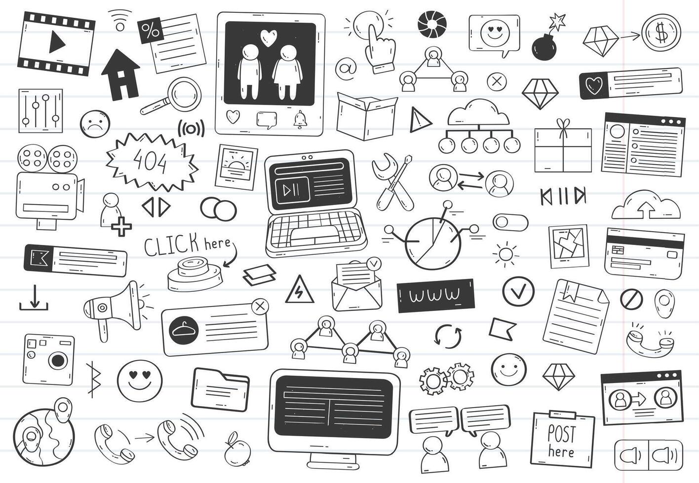 Social media doodle elements. Network hand drawn social media symbols isolated illustration set. Social network sketch doodle icons vector