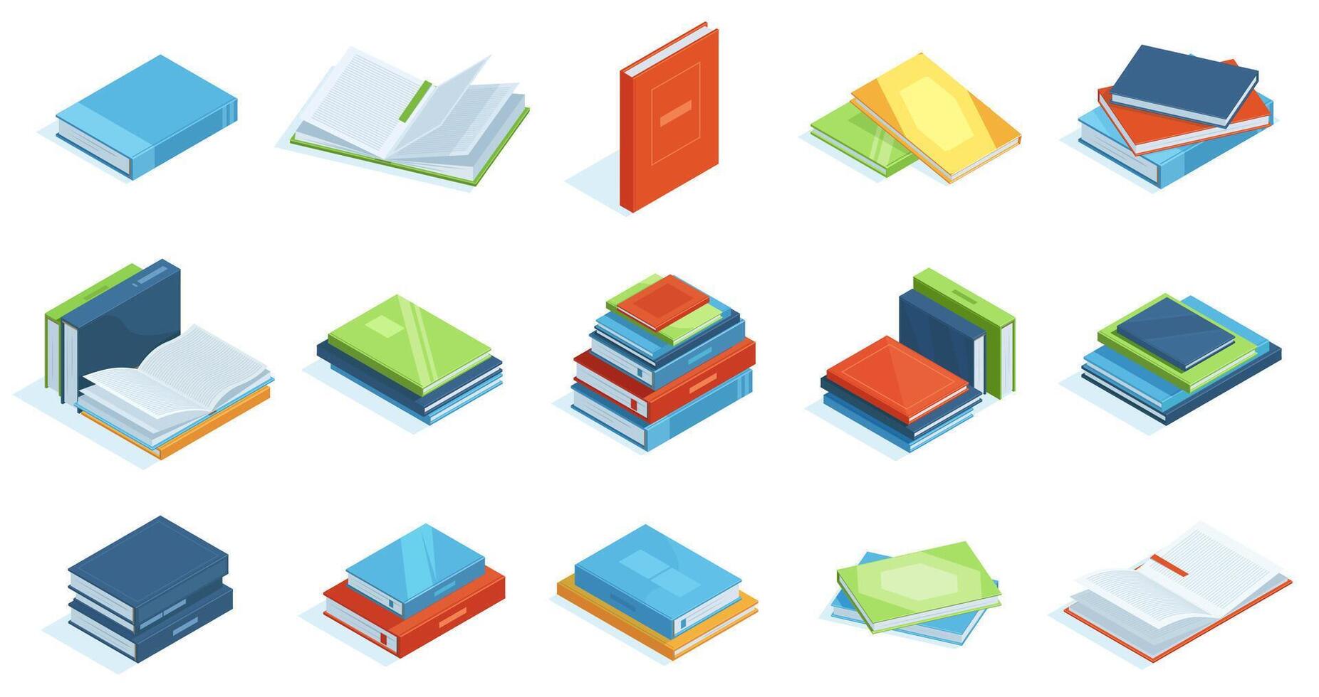 Isometric library books. School education textbooks, encyclopedia or scientific literature illustration set. Bookstore 3d isometric books vector