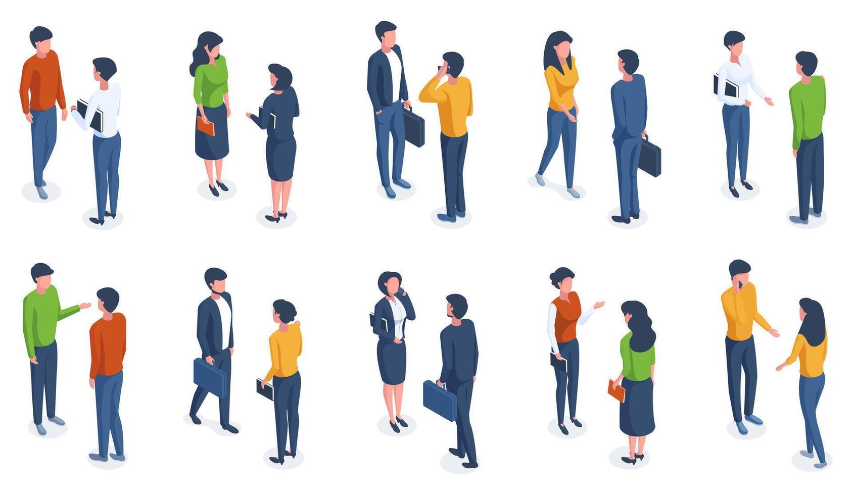 Isometric people. Male and female adult 3d isometric characters in casual clothes and different poses illustration set. Trendy isometric people vector
