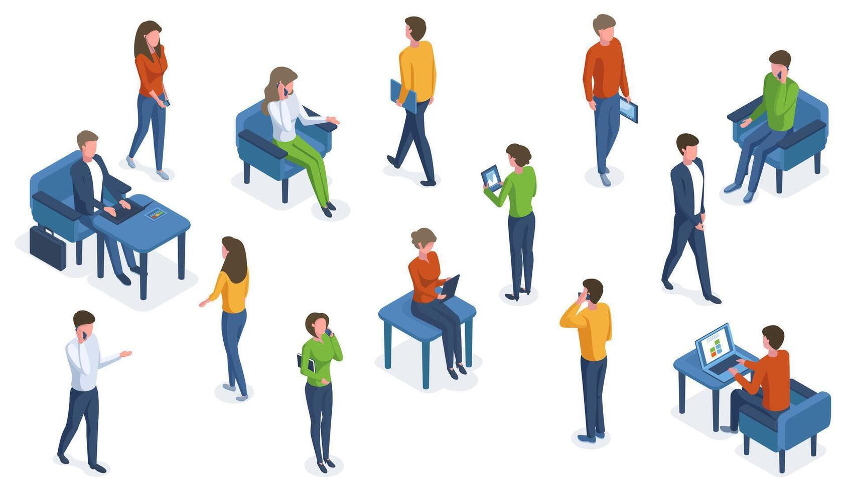 Isometric people with gadgets. Office characters working with smartphones, laptops and tablets illustration set. Business people and gadgets vector