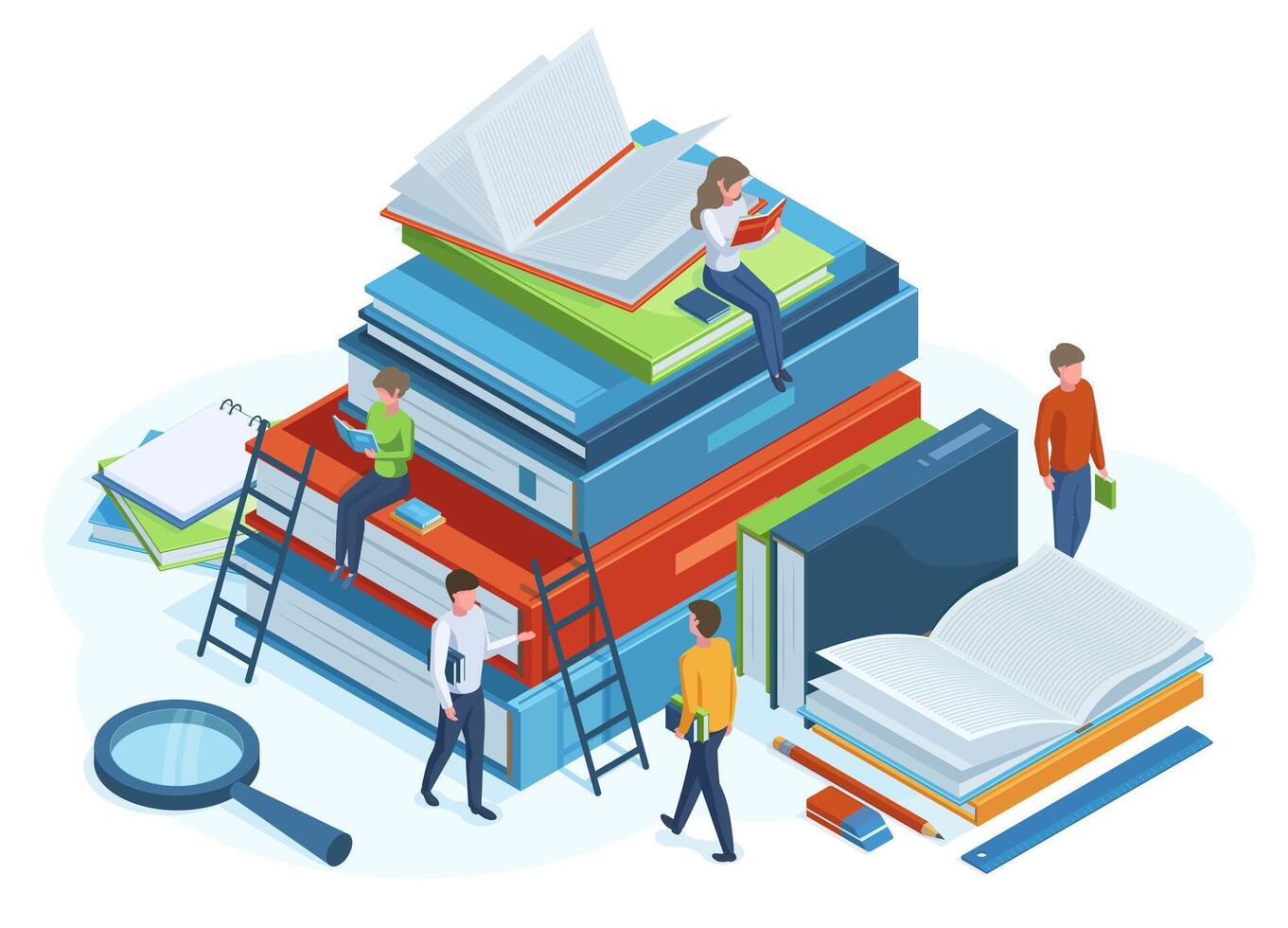 Isometric books concept. Reading people on huge 3d pile of books, male and female characters read books illustration. Library isometric concept vector
