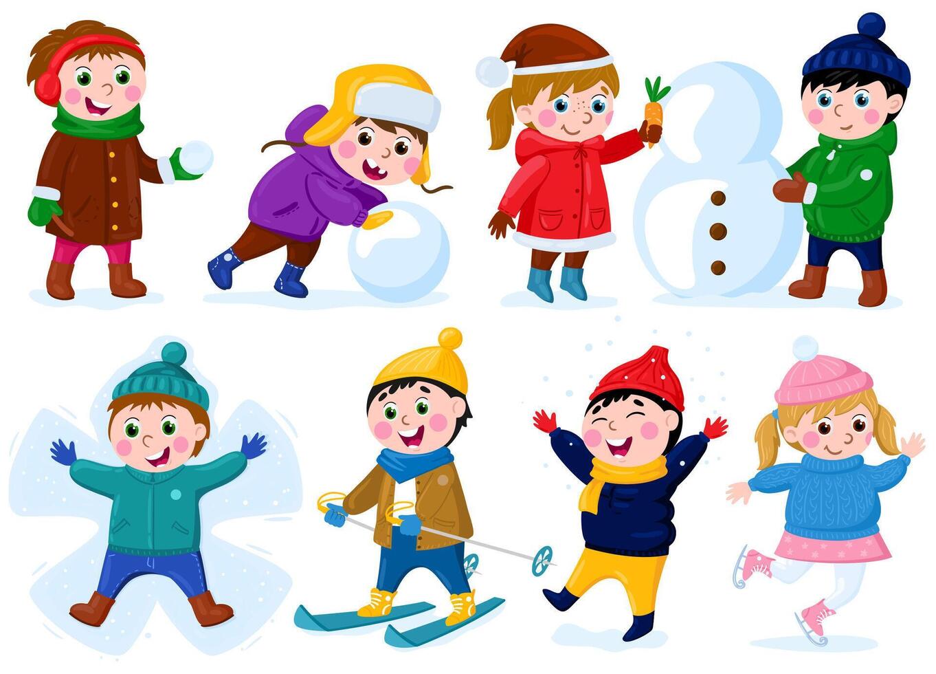 Winter children activities. Snow outdoor activity, happy little girls and boys making snowman and skiing illustration set. Christmas outdoor games vector