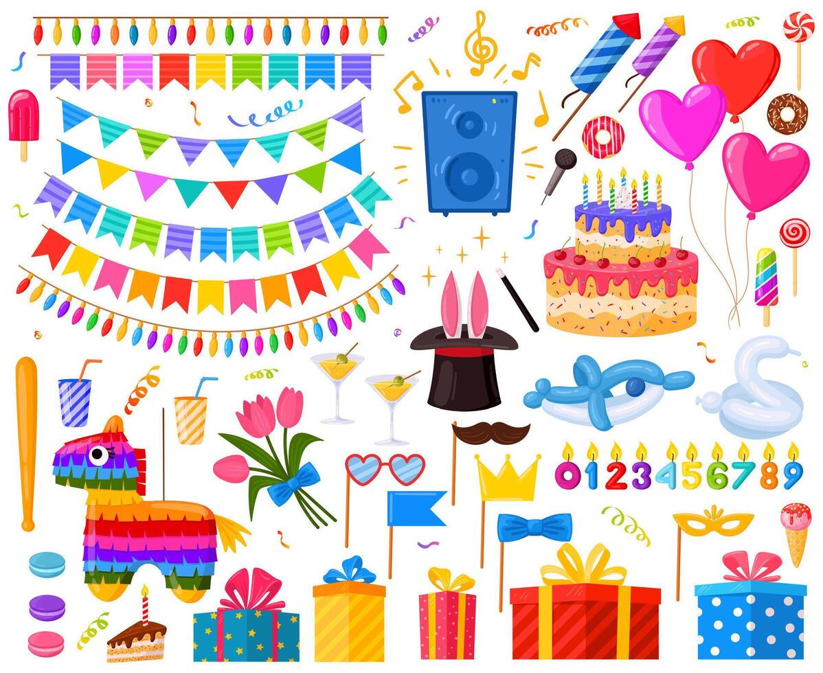 Happy birthday surprise party cartoon presents and sweets. Birthday cake, gifts and pinata illustration set. Birthday party celebration symbols vector