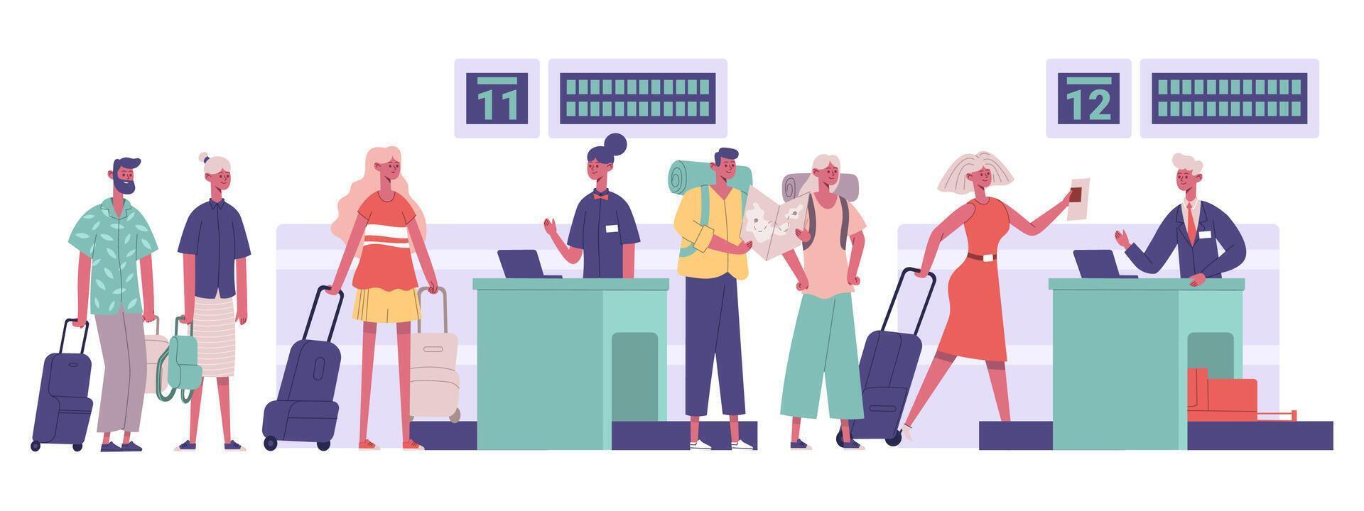 Tourists group, passengers travellers luggage checking in airport. People walking airport security detection illustration. Travel airport concept vector
