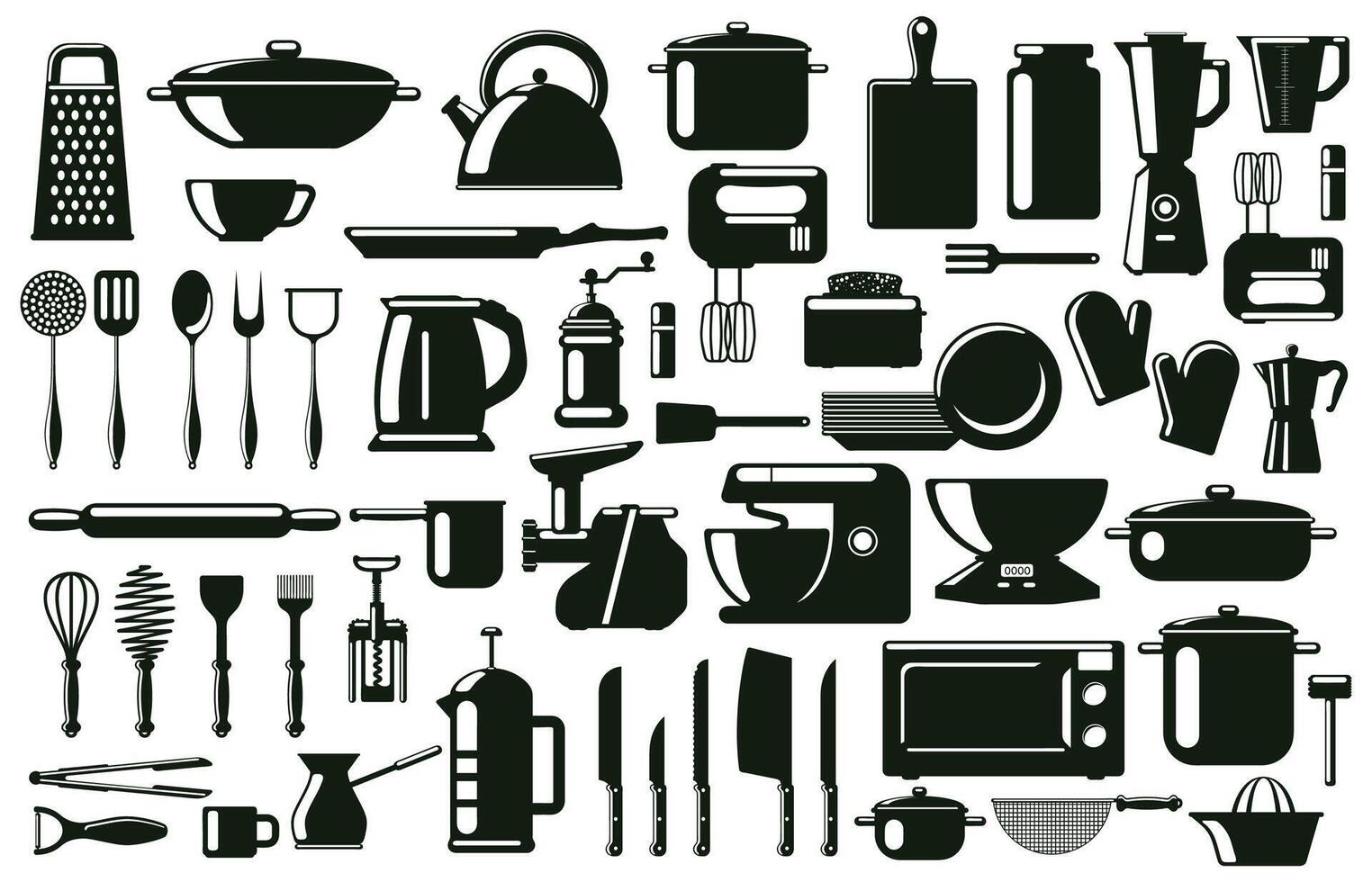Kitchen cutlery, utensil and cooking tools silhouette elements. Tableware, monochrome culinary tools symbols set. Kitchenware cooking silhouettes vector