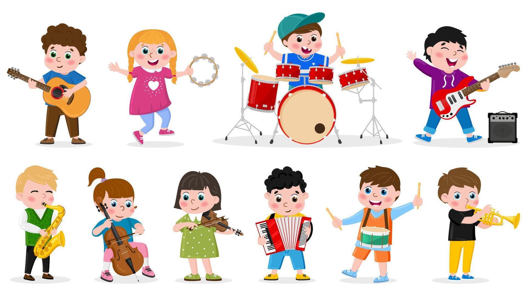 Kids playing musical instruments. Child music band, girls and boys play drum, guitar and violin illustration set. Children musical orchestra vector