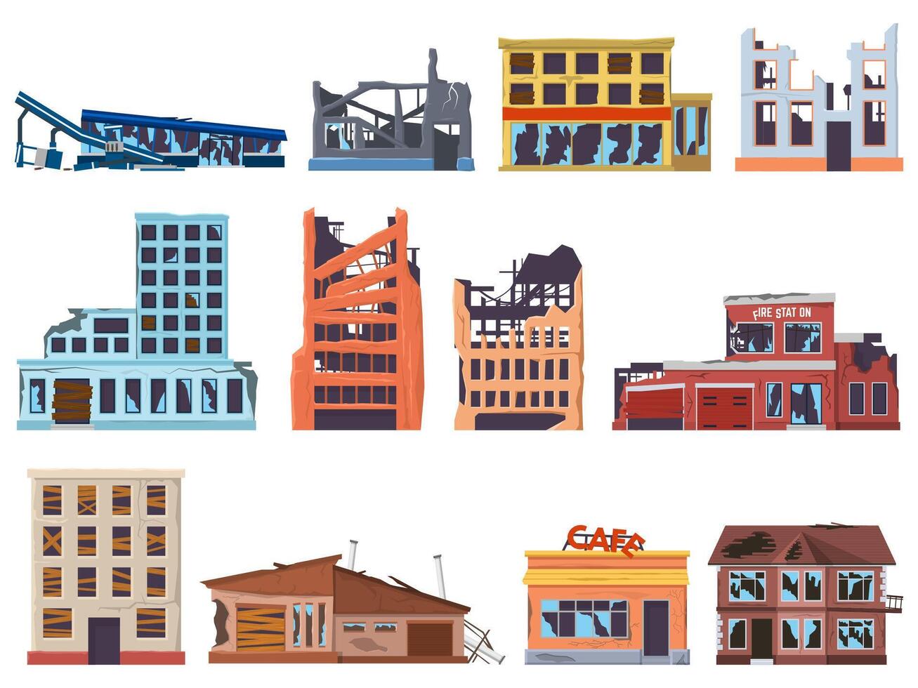 Ruined broken abandoned damaged old architecture buildings. Destruction, burnt out, destroyed facade walls, broken windows houses illustration set vector