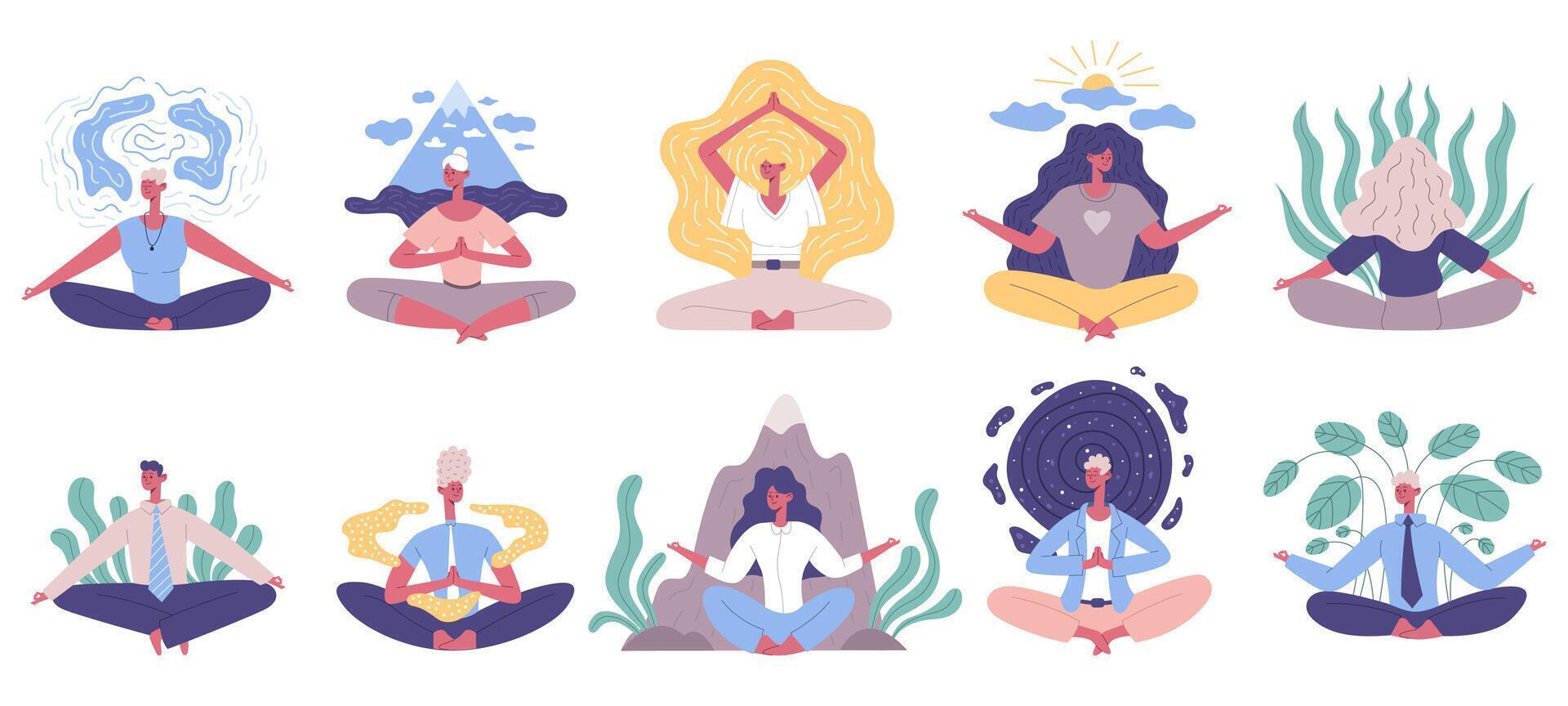 Meditating yoga lotus pose calm tranquil people. Exercising, meditating practicing yoga characters illustration set. Mental health meditation practice vector