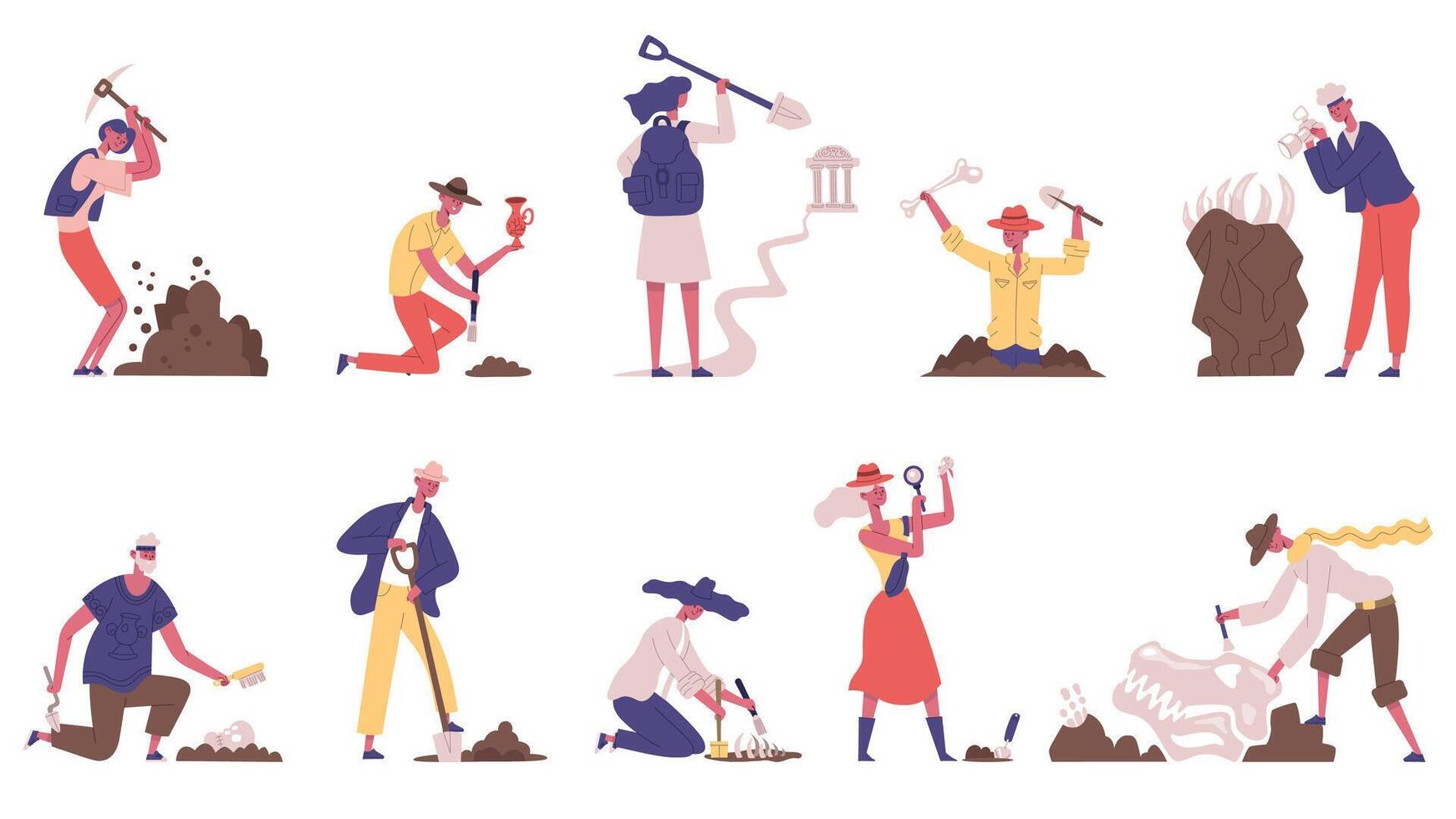 Archaeologists people archaeological historical artefacts excavation. Male and female archaeologist characters illustration set. Archeology workflow vector
