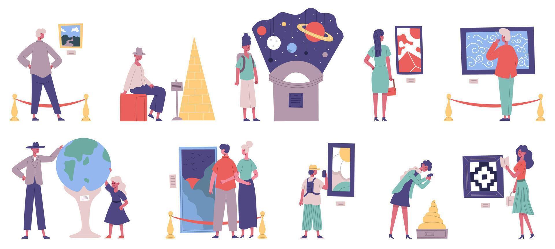 Museum, art gallery and planetarium exhibition excursion visitors. Gallery painting artwork and history museum exhibitions illustration set vector