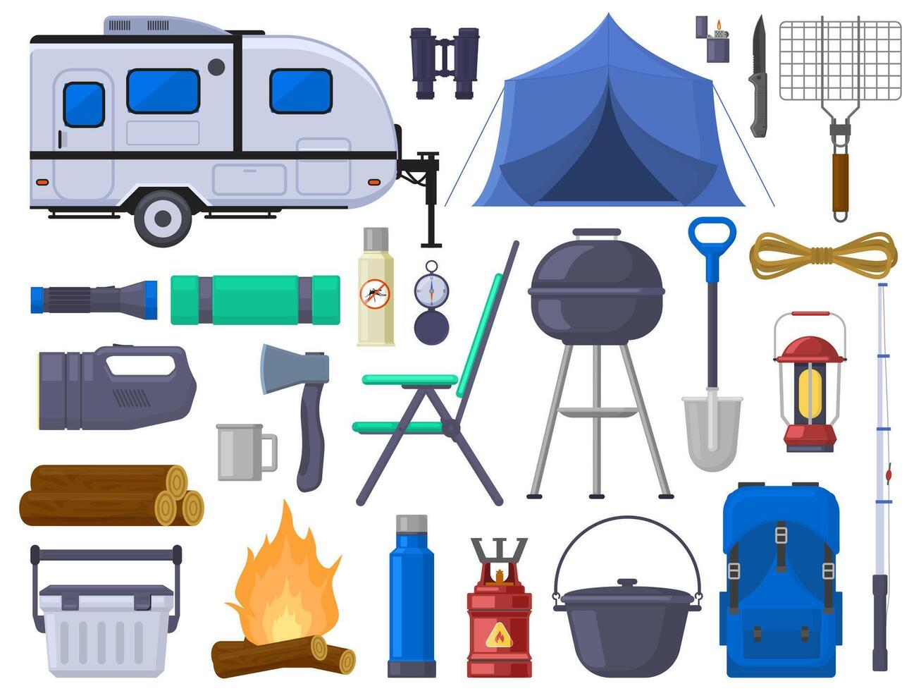 Hiking camping outdoor adventure tourist elements. Nature adventure tent, mobile home, grill, campfire, binoculars illustration set. Outdoor camping equipment vector