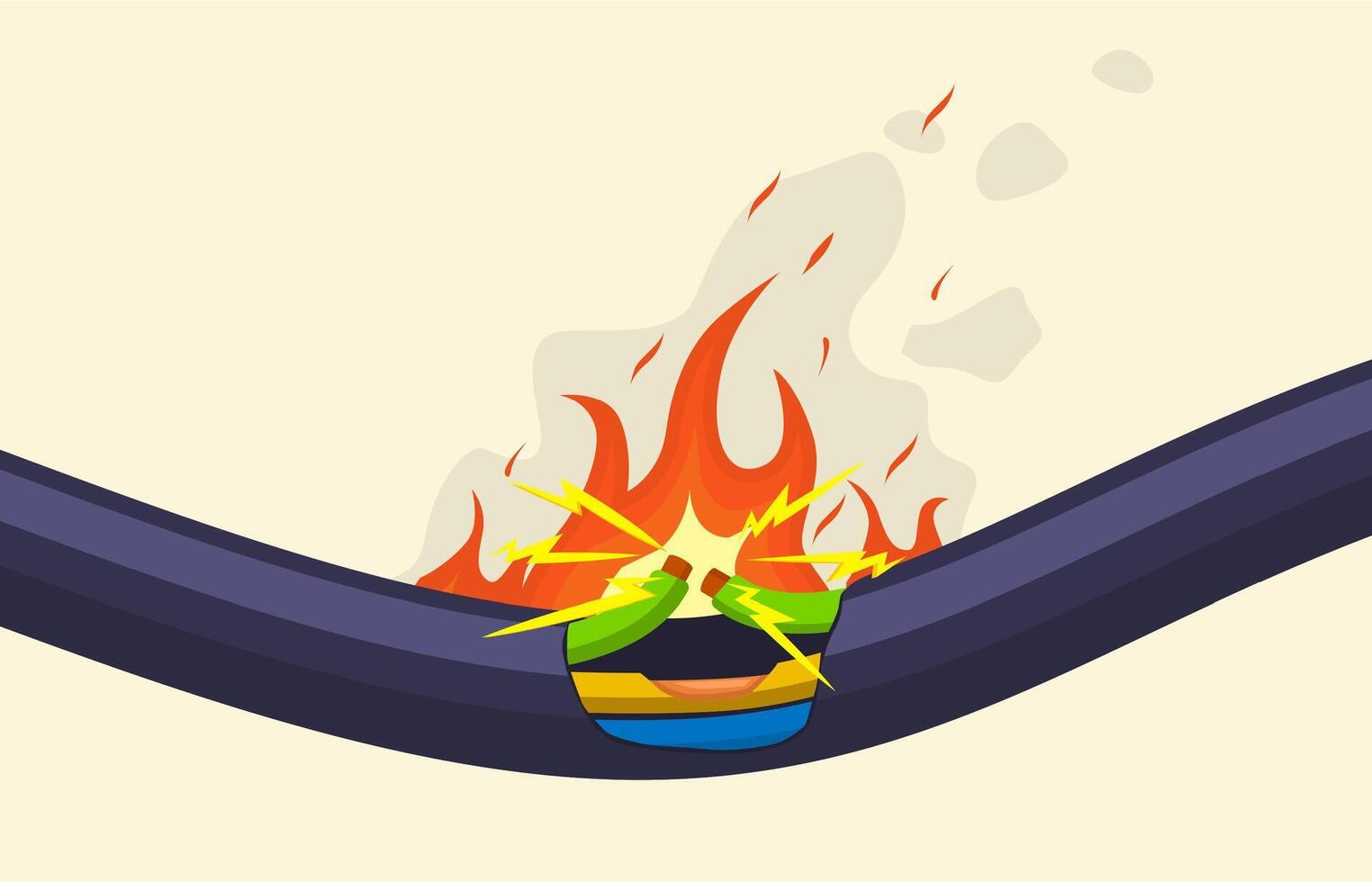 Broken short circuit burning electrical cable wire. Damaged electrical cable in red flame illustration set. Burning electrical cable wires vector
