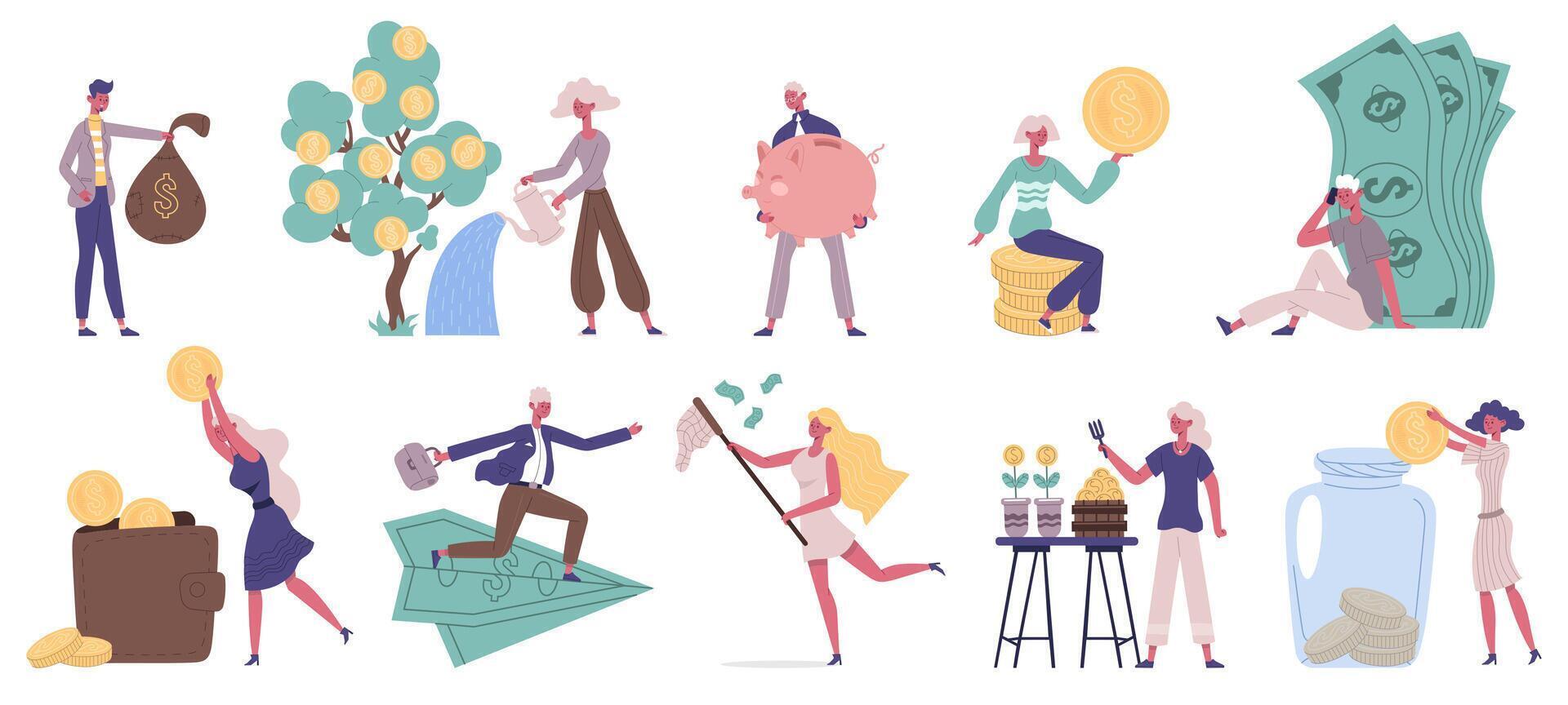 Money investment, finance savings earnings profit. People saving money, finance investment, earnings profit illustration set. Money growth and wealth increase concept vector