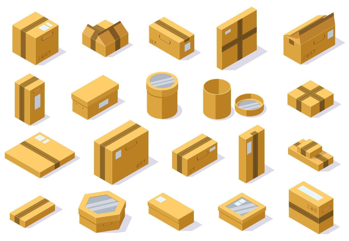 Isometric cardboard packaging shipping boxes. Postal delivery package, 3d carton boxes illustration set. Cardboard closed and open boxes vector