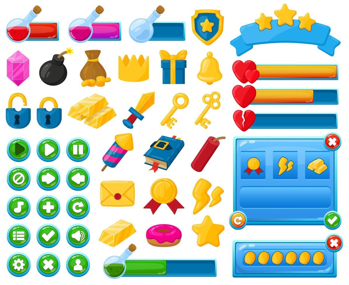 Cartoon mobile game user interface kit elements. Casual game interface menu buttons, trophies and bars illustration set. Mobile game user interface icons vector
