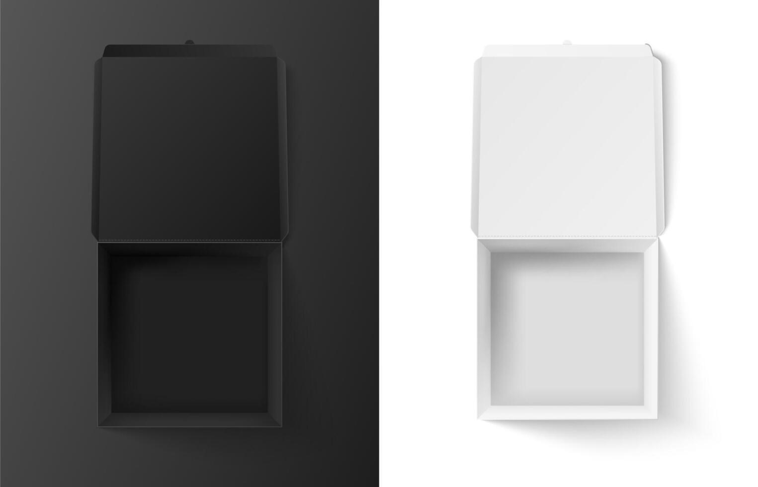Black and white box mockup. Open realistic cardboard of squared shape. Paper empty package for delivery or gift vector