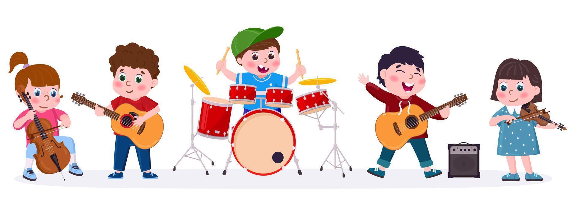 Cartoon kids music band playing musical instruments. Children singing, play guitar, drums and violin illustration set. Kids orchestra vector