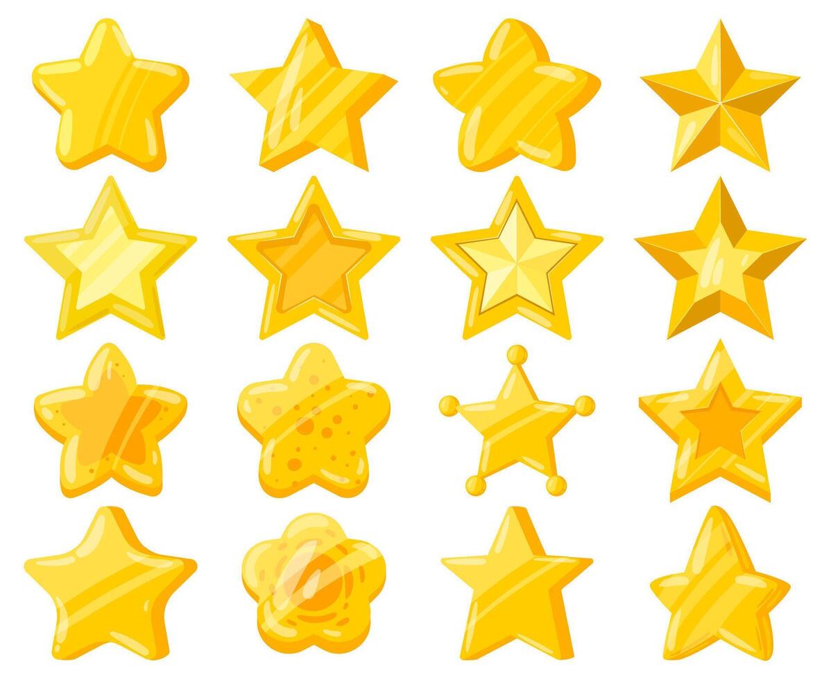 Cartoon mobile web game ui golden stars. Casual game interface shiny stars, yellow golden star trophies illustration set. Mobile game achievement reward vector