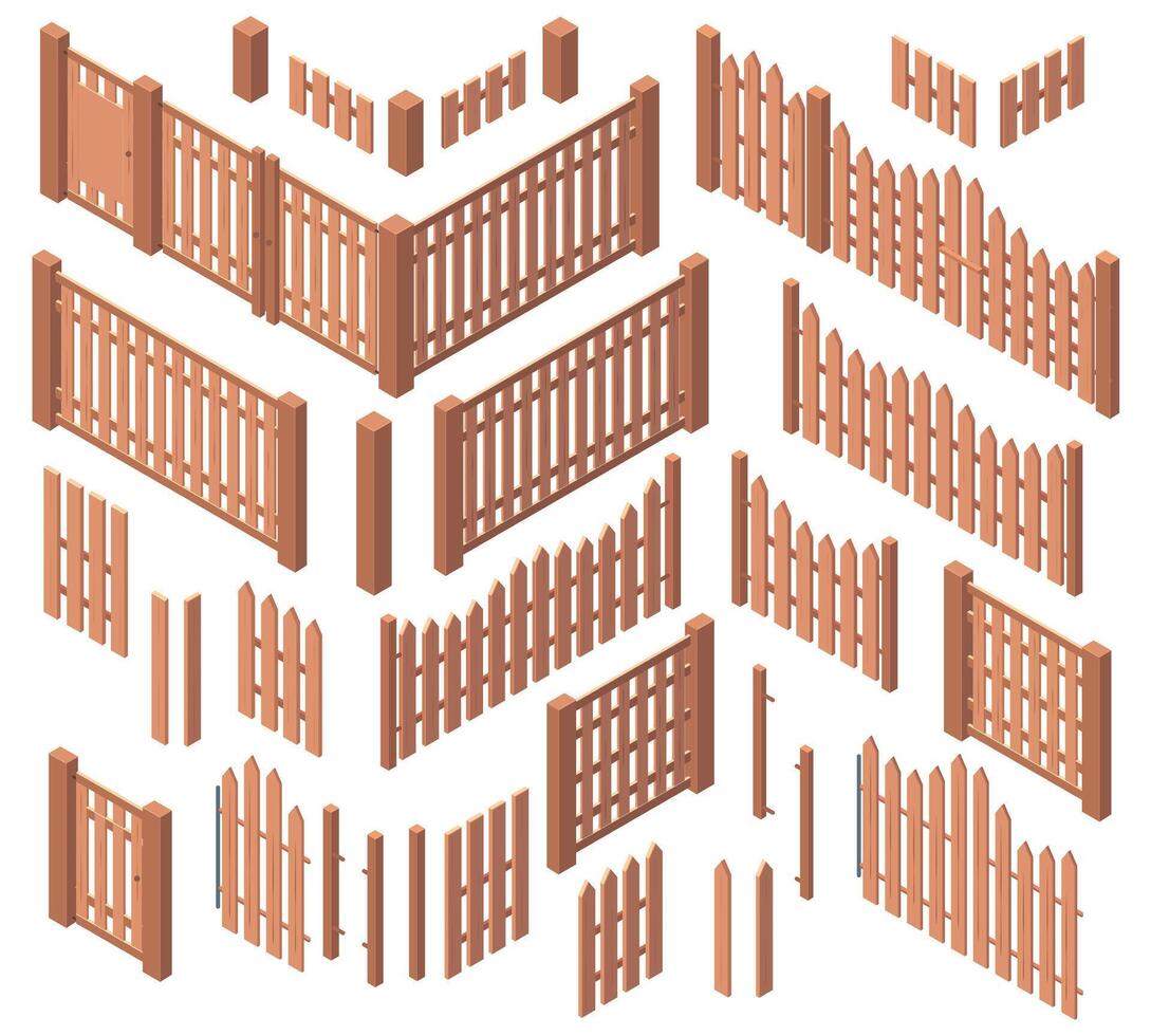 Isometric wooden garden farm rough fences. Courtyard wooden boards gates fencing, wooden 3d palisade fences illustration set. Farm wooden fencing vector