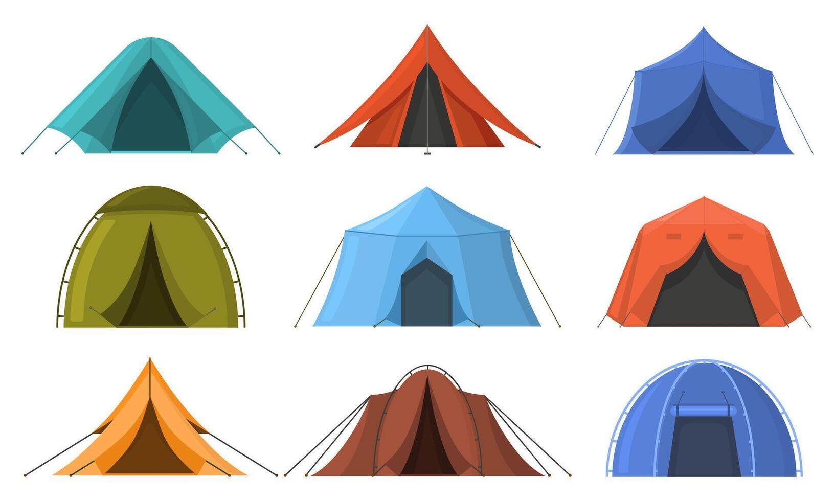 Outdoor adventure camping touristic sleeping tents. Hiking, travel recreation tourist rest tents illustration set. Outdoor lodging camping tents vector