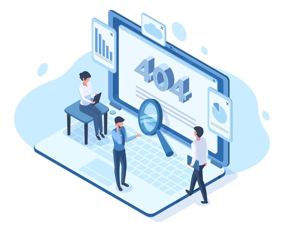 Isometric error lost 404 page network user people concept. Lost network website page, error not available webpage illustration. Not found 404 internet page vector