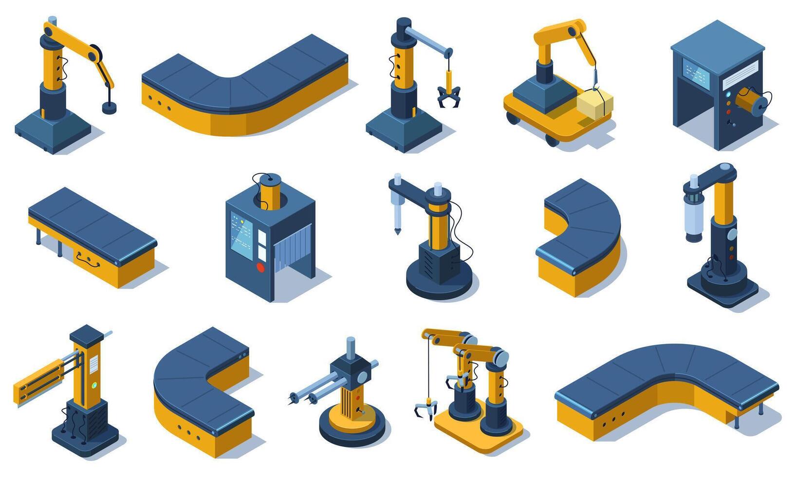 Isometric industry technologies robot arms and factory machines. Industrial automated robots, production conveyor lines illustration set. Factory automated machines vector