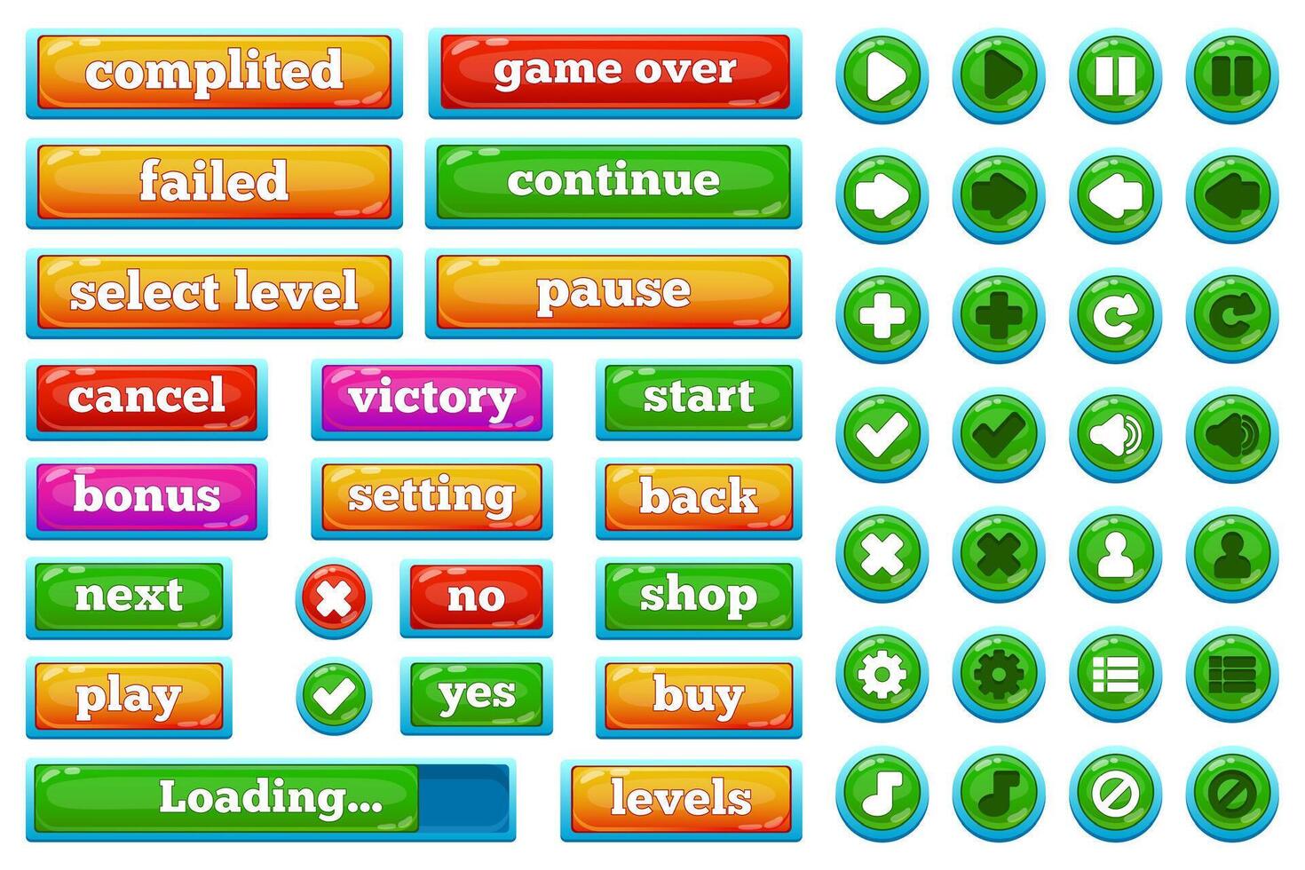 Cartoon casual games user interface buttons. Casual 2d game interface play, pause, stop, game over buttons illustration set. Mobile game user interface buttons vector