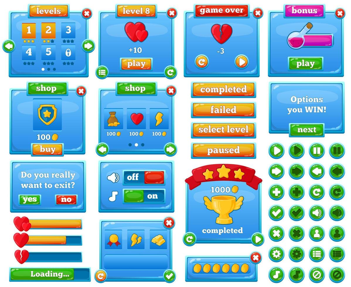 Cartoon casual web mobile game menu interface. Game gui interface, mobile casual game user menu elements illustration set. game interface buttons and bars vector