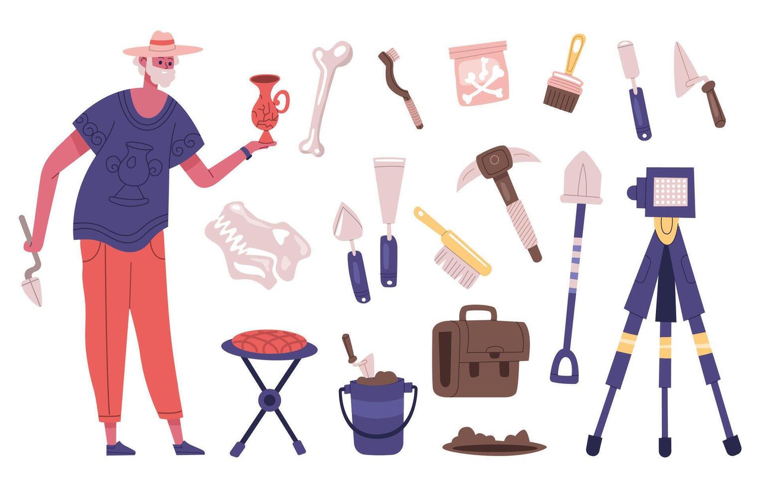 Archaeology explorer character with archaeology dig equipment and artefacts. Male archaeologist at work illustration. Archaeology excavation tools vector