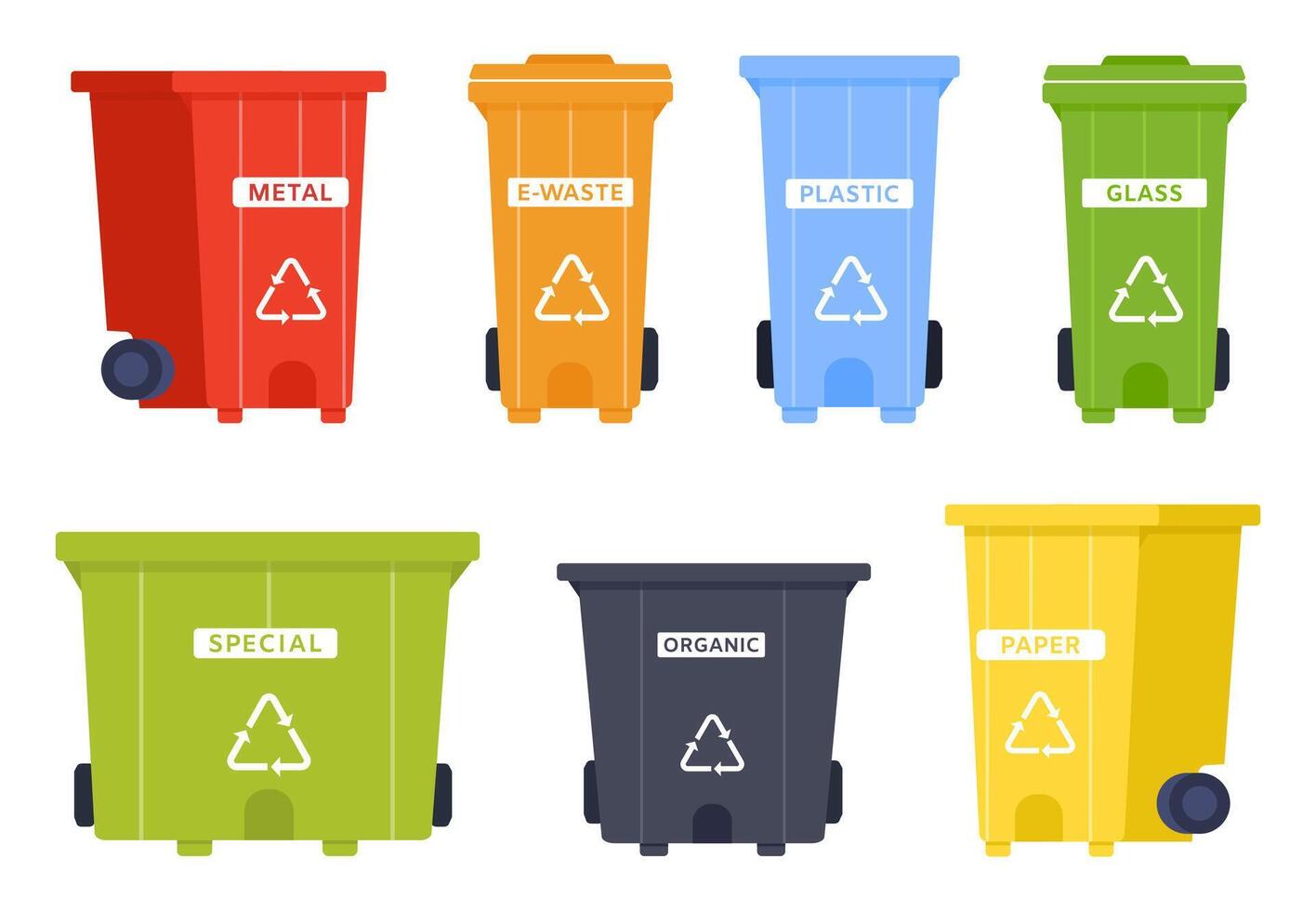 Trash container set with recycle icon. Garbage bin for metal, e-waste, plastic and glass, special and organic, paper vector