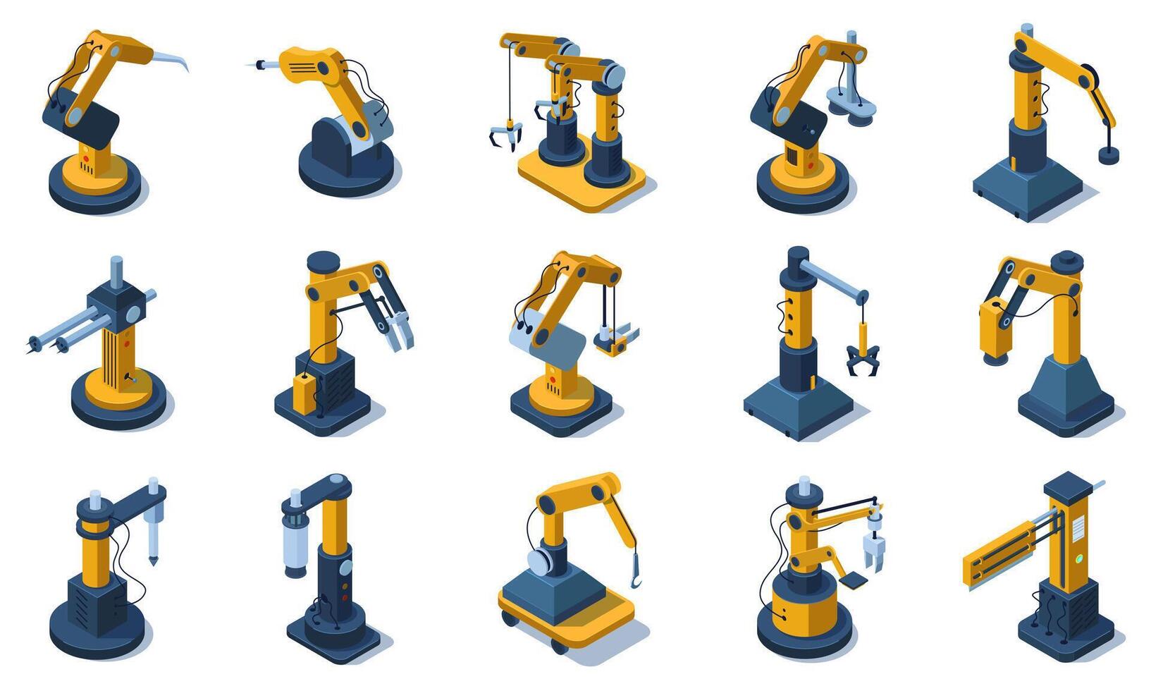 Isometric factory mechanised automated robotic arms. Factory industrial automated robotics arms, mechanical robotic hands illustration set. Automated 3d robotic arm vector