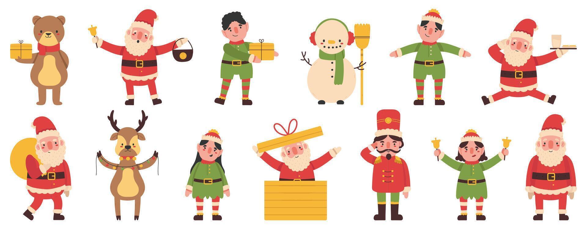 Christmas elves, snowman and reindeer Santa Claus helpers mascots. Winter holiday funny team illustration set. Santa Claus noel helpers characters vector