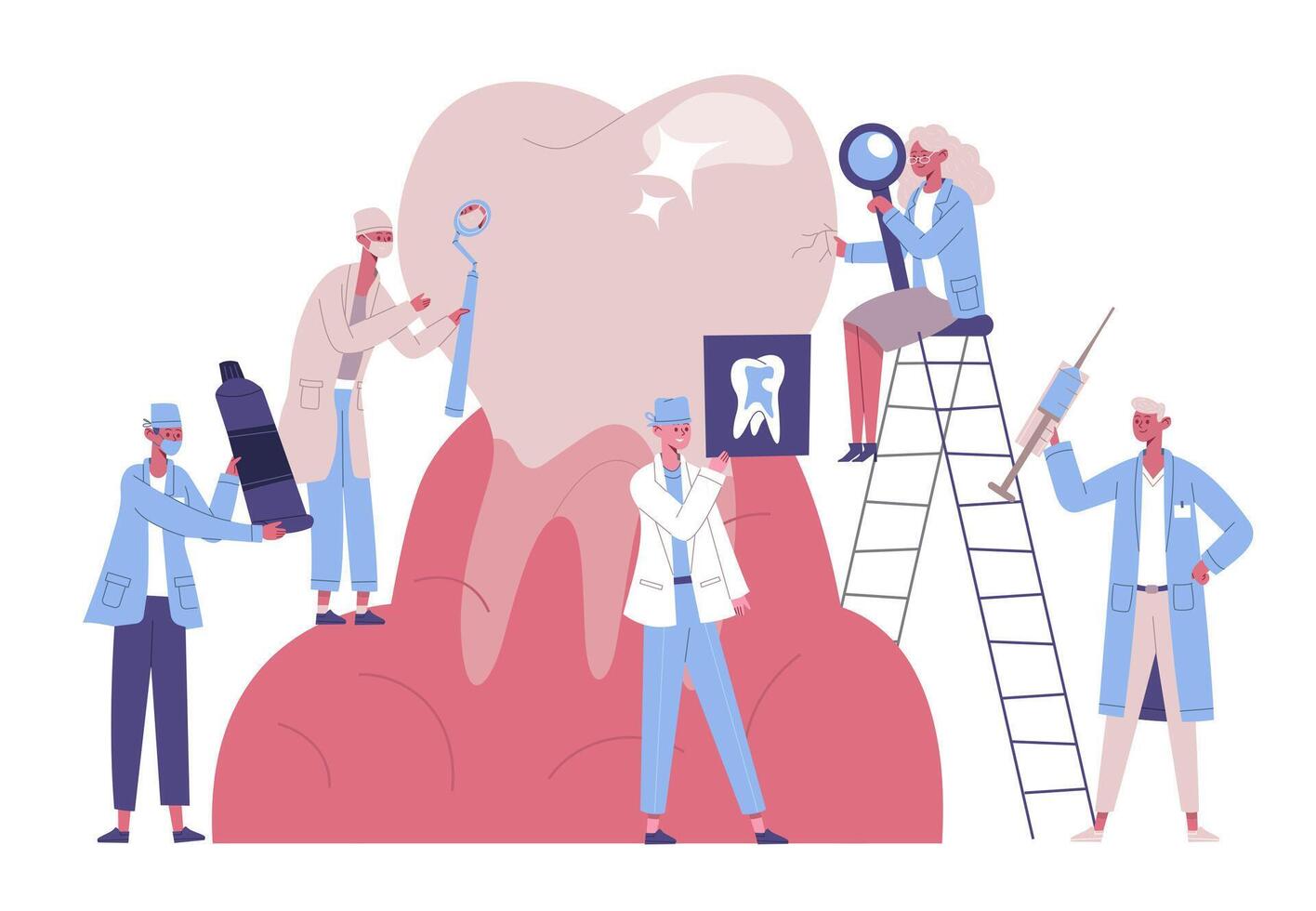 Stomatology dentists characters take care giant tooth. Dental service, doctors treat, clean tooth plaque and caries illustration set. Dental clinic treatment vector