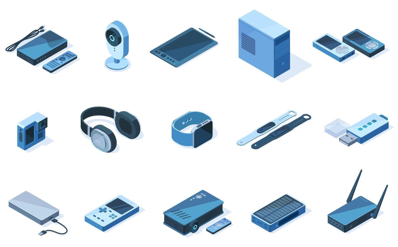 Isometric wireless 3d technology electronic gadgets equipment. Tablet, headphone, tracker devices illustration set. Wireless network electronic devices vector
