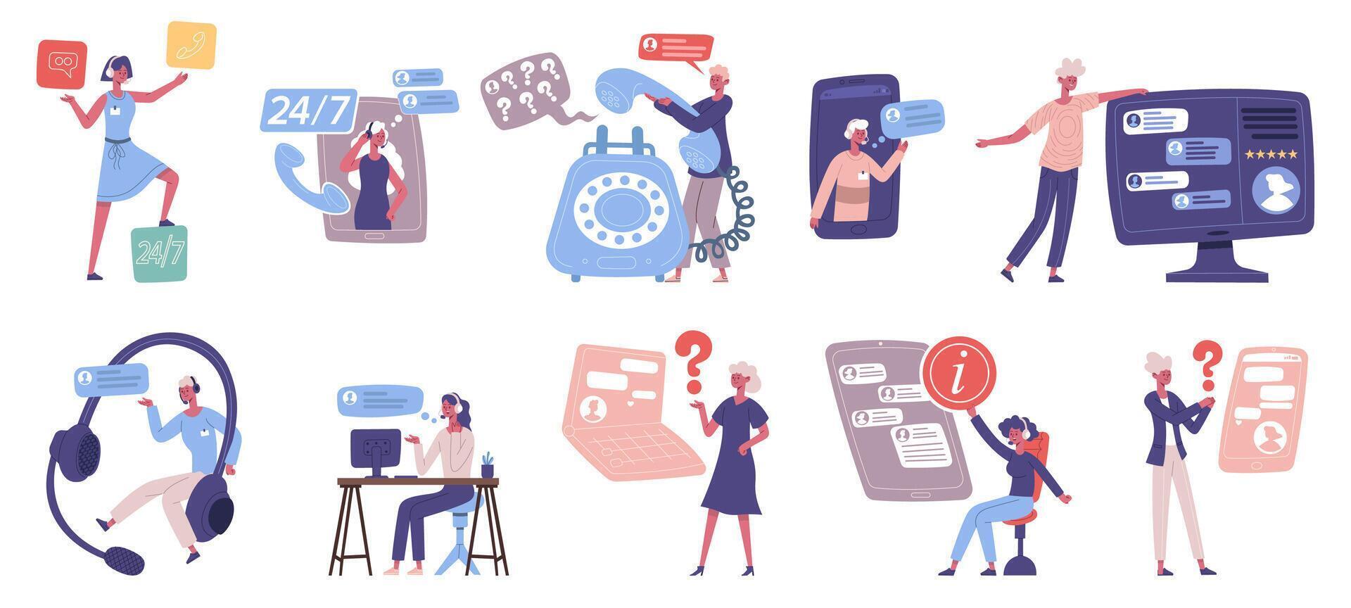 Personal assistant, call center customer support network services. Customer online technical support service, online hotline assistant illustration set vector