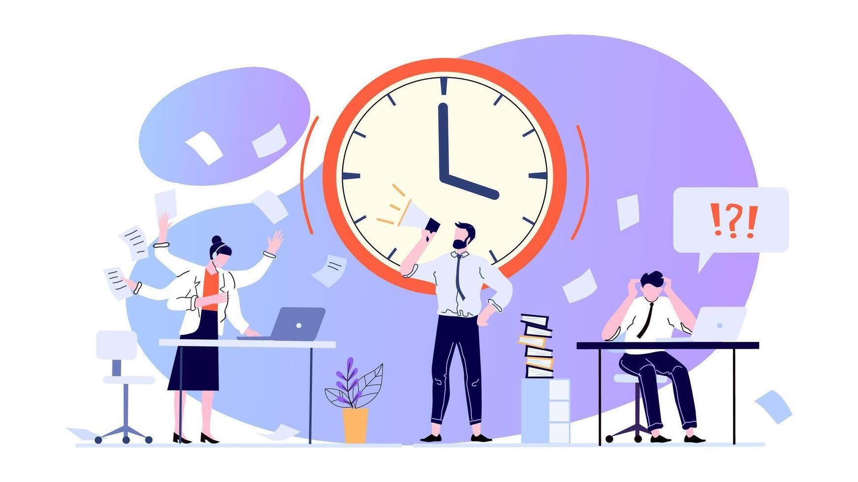 Time management concept. Employees working at office to meet deadline. Anxious office workers in panic vector