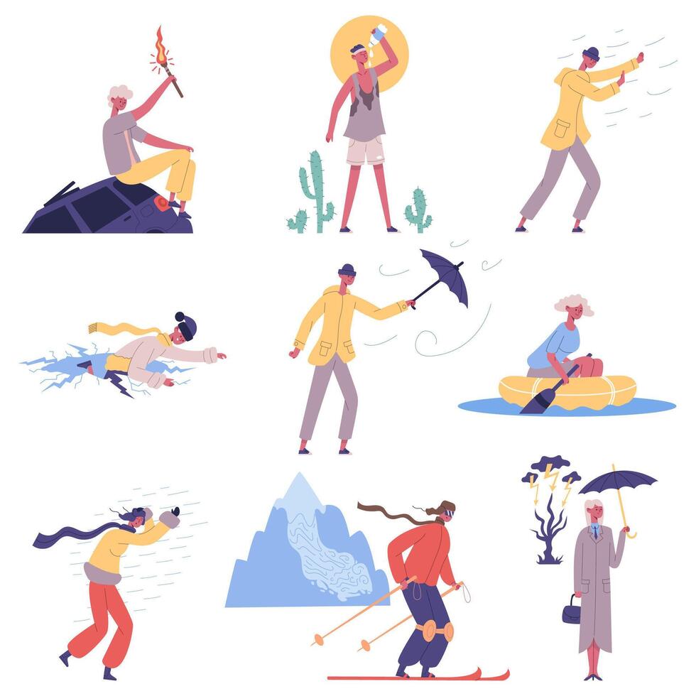 People hit meteorological natural cataclysm weather disasters. Characters escape from strong wind and desert heat illustration set. People against natural disasters vector