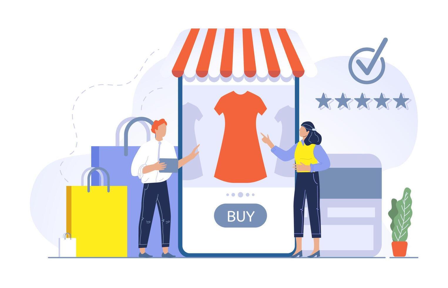 Shopping concept illustration people buying in store application. Man and woman choosing dress in online shop vector