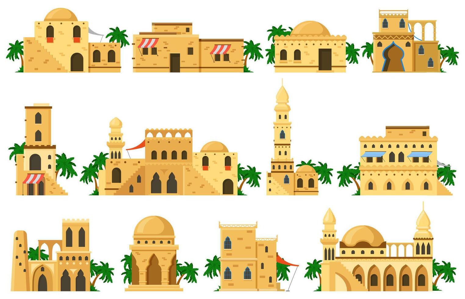 Arabic oriental traditional mud brick architecture buildings. Muslim authentic mud houses, mosque, rotunda, tower illustration set. Traditional arabic ancient houses vector